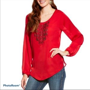 ARIAT Red Beaded top. Size large